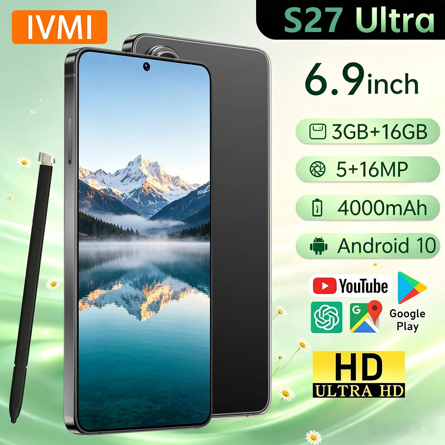 هواتف IVMI الذكية S27 Ultra بنظام أندرويد، شريحتين، ذاكرة وصول عشوائي 3 جيجابايت، ذاكرة تخزين 16 جيجابايت، شاشة 6.9 بوصة، واي فاي، متجر جوجل بلاي، 4G، رخيص، قلم مدمج، هواتف محمولة