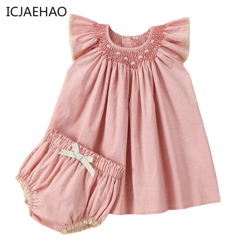 Baby Suits Casual Loose Dress and Butt Pants for Kids Girl Pink Embroidery Handmade Spanish Children Cute Clothes Infant Summer