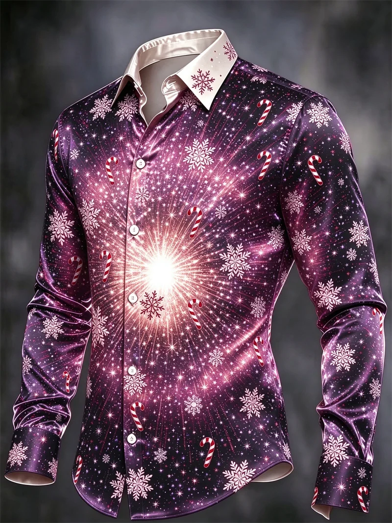 New men's shirt with black and red Christmas wreath, gold bell, starlight, snowflakes, crutches, candy print shirt