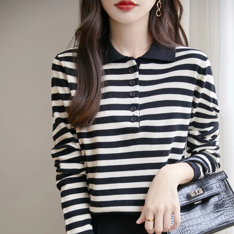 Women 100% Cotton Striped Sweater Polo Collar Pullover Casual Color Blocking Knitwear Long Sleeve Spring Autumn Clothing Tops