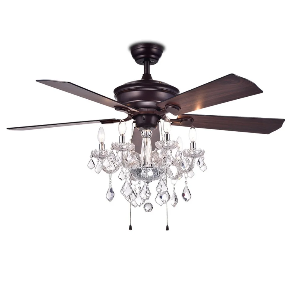 Elegant 52 Inch 5 Blade Ceiling Fan Crystal Chandelier Antique Bronze Reversible Motor Remote Control 3 Speed Pull Chain Light