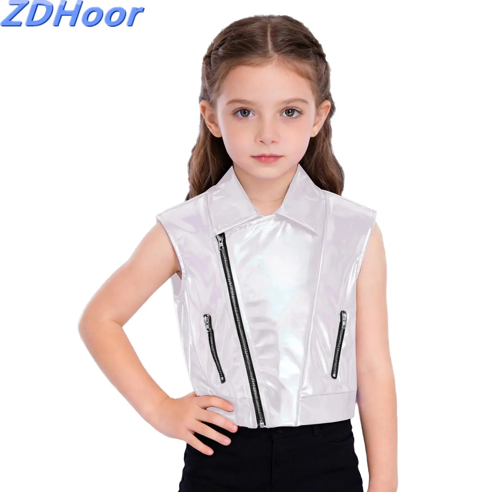 

Unisex Kids Metallic Jacket Turn-Down Collar Vest Sleeveless Outerwear for Hip Hop Dance Party Stage Performance