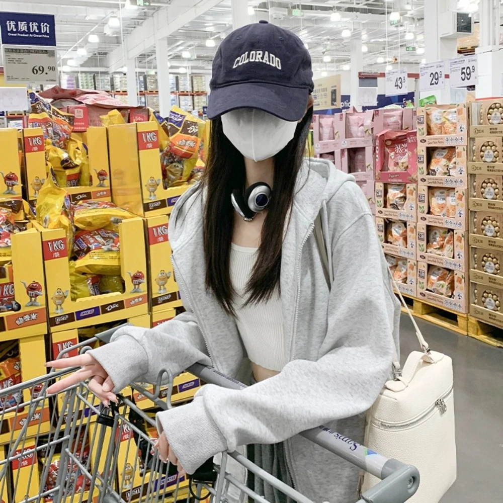 

Autumn Women Gray Jacket With Hood Long Sleeve Big Pocket Zipper Jacket Coat Woman Loose Casual Outerwear Coat Tops Y2Klamb flee