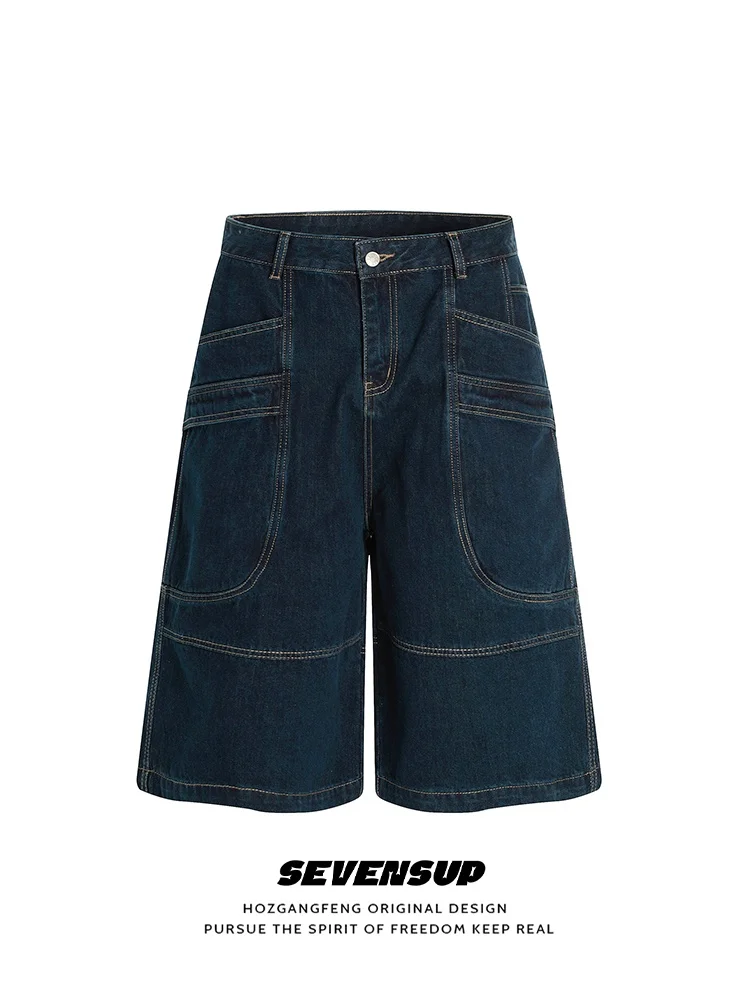 

SEVP American Retro ket Джинсовые орты Мужчины Женщины Летние свободные широкие брюки Прямой крой Джинсы длиной пять четвертей Молодежная мода