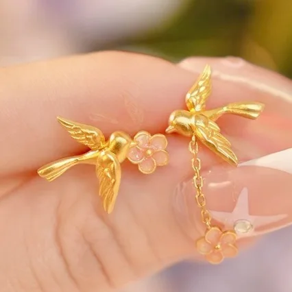 

Women's 24K Gold (AU999) Magpie on Plum Enamel Earrings | Liquid gold magpie branch, gold-inlaid with joy symbols