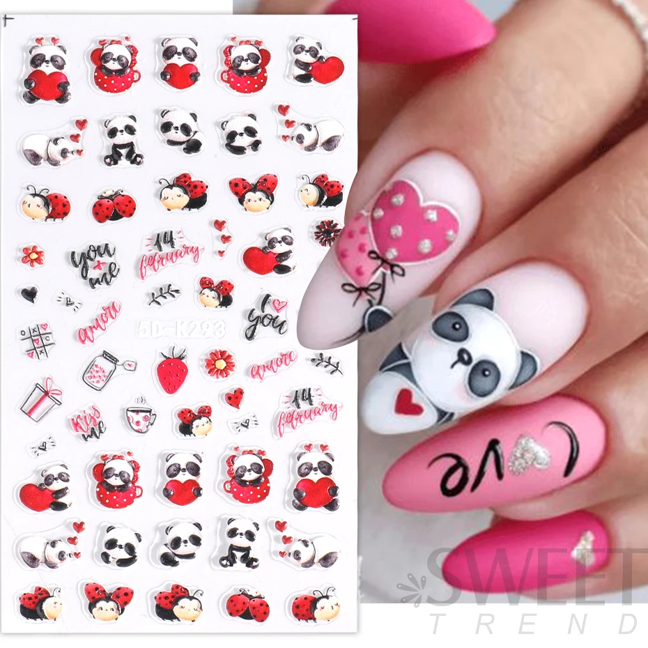 Cute Valentine Nail Stickers 5D Embossed Cartoon Panda Ladybug Doll Red Heart Letter I Love You Engraved Slider Nail Art Decor