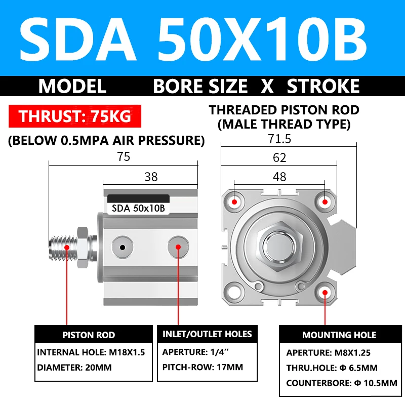 

ABILKEEN SDA50X10B SDA Series Thin Air Cylinder 50MM Male Thread Bore X 10MM Stroke Double Acting Pneumatic Compact Cylinder
