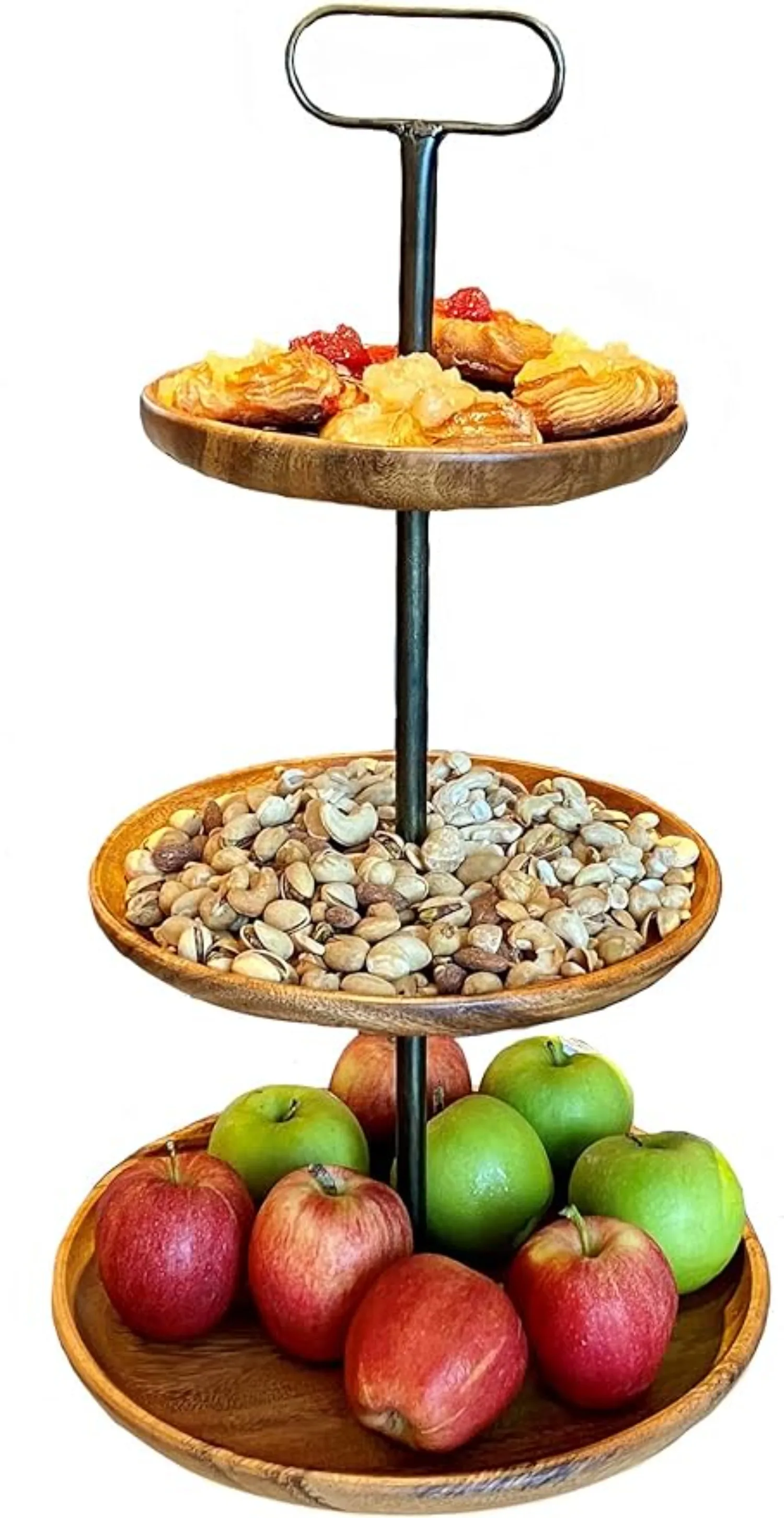 

3-Tier Wood Stand Round Deli Cupcake Tray and Plate with Adjustable Frame Can Be Used As A Double or Triple Server