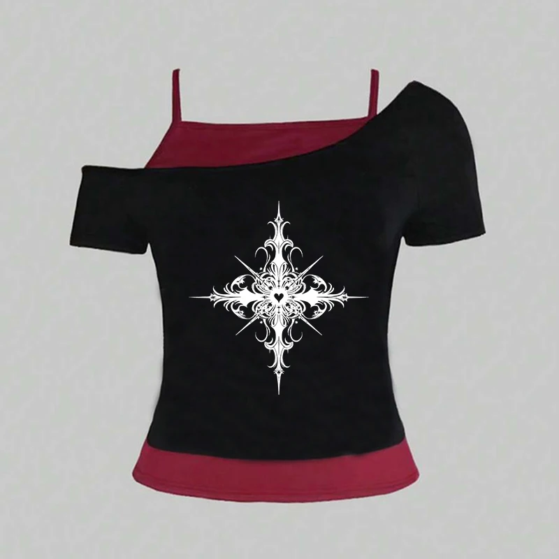 شيك Y2K جماليات ريترو الشارع الشهير المحملة Harajuku الشرير عادية سليم الاتجاه المحاصيل الأعلى القوطية الهيب هوب مثير قصيرة الأكمام المرأة تي شيرت