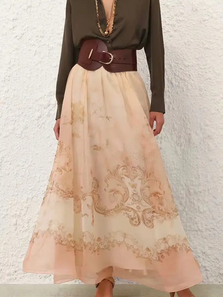 

Z Home High-End Spring Summer 2026 New Long Transparent Tulle Pink Map Print High Waist Loose Women's Skirt Hanfu Half-length