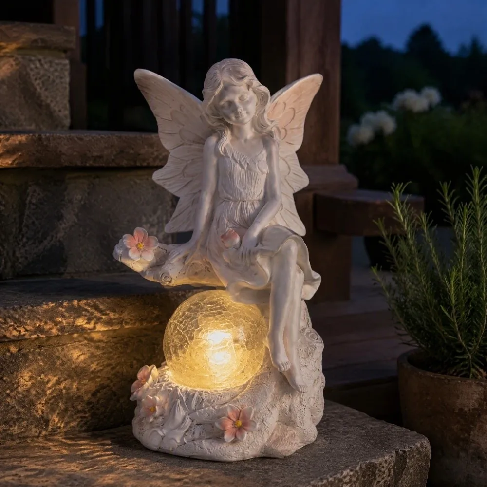 Charming Solar Powered Resin Statue Soft Light Premium Resin Solar Angel Lovely Sturdy Garden Statue Outdoor Garden