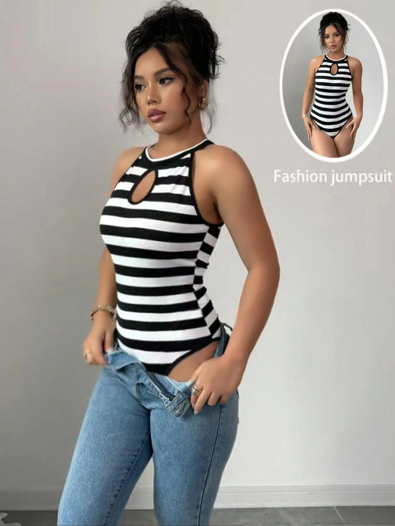 

Women's Striped One-Piece Swimsuit, Slim-Fit Casual Swimwear for All Seasons, Moderate Fabric Comfortable & Stylish Design