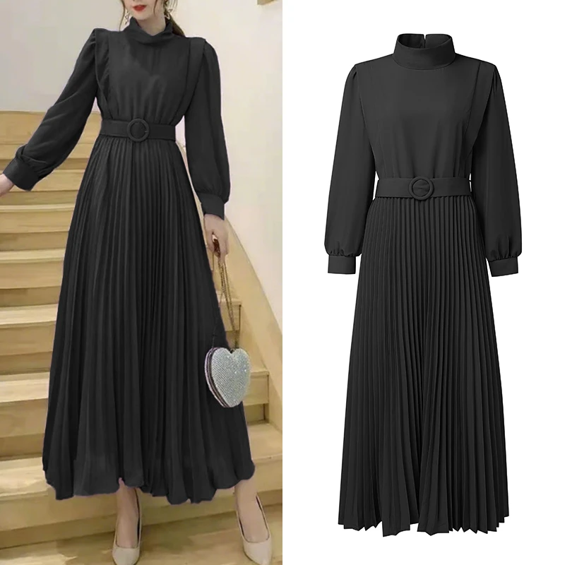 ZANZEA Damen-Maxikleid im koreanischen Stil, elegant, schick, lang, Rollkragen, Laternenärmel, hohe Taille, plissiert, Maxikleid mit Gürtel, Robe Femme