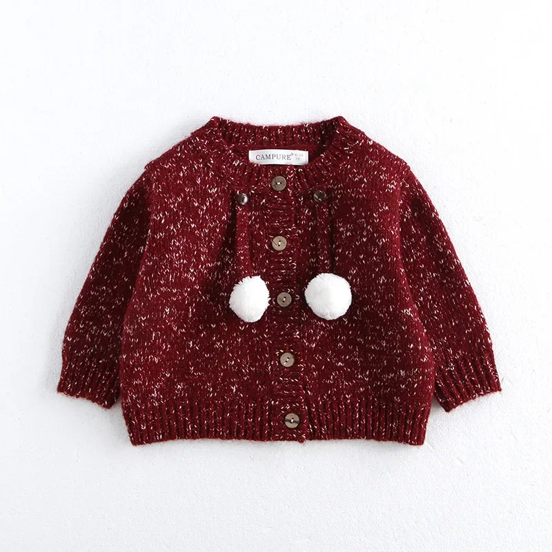 

Red Festive Toddler Knitted Cardigan Pom-Pom Baby Sweater Christmas New Year Outfit for 0-5Y Girls