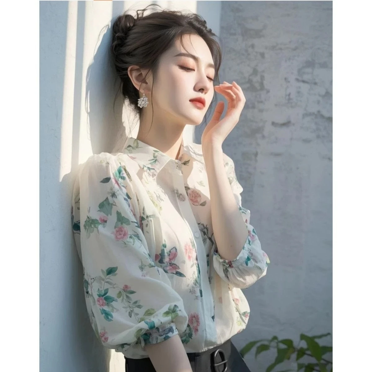 

Ele White Floral Print Chiffon irt Women's Summer Faion Unique Beautiful High-End Feeling Casual Ne Regular Sl...