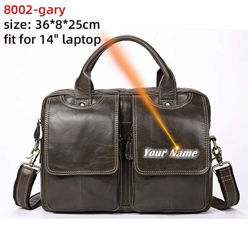 

Men's Briefcase Leather 14 Inch Laptop Bag Cowhide Vintage Business Shoulder Messenger Bag Male Office Handbags 8002