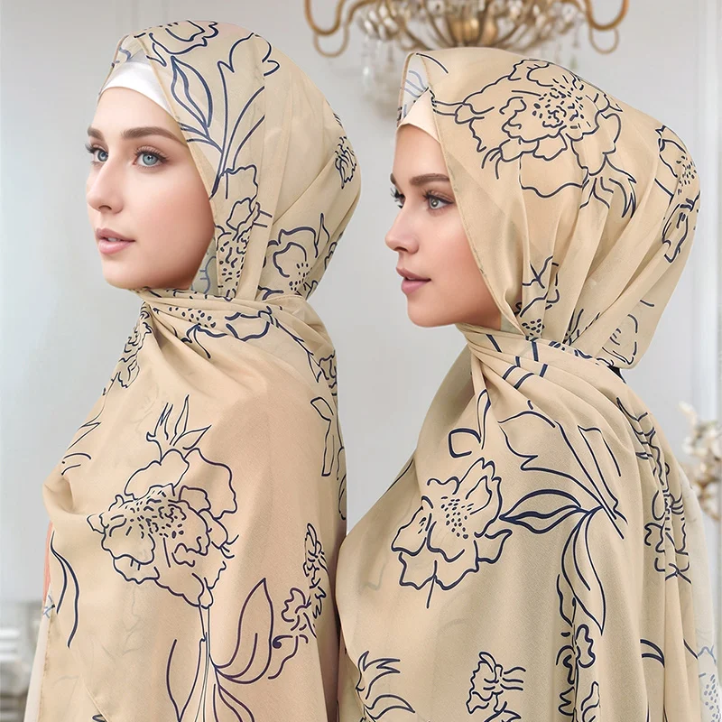 Stylish Floral Line Printed Chiffon Hijab Scarf Wrap Women Muslim Headscarf Chiffon Pashmina Shawl Tudung