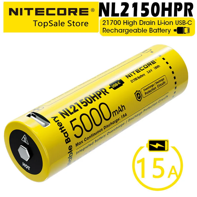 Nitecore-充電式リチウムイオン電池,USB-Cポートの内蔵,15a,5000mah,高排水,無制限のエネルギー,懐中電灯,nl2150hpr 21700