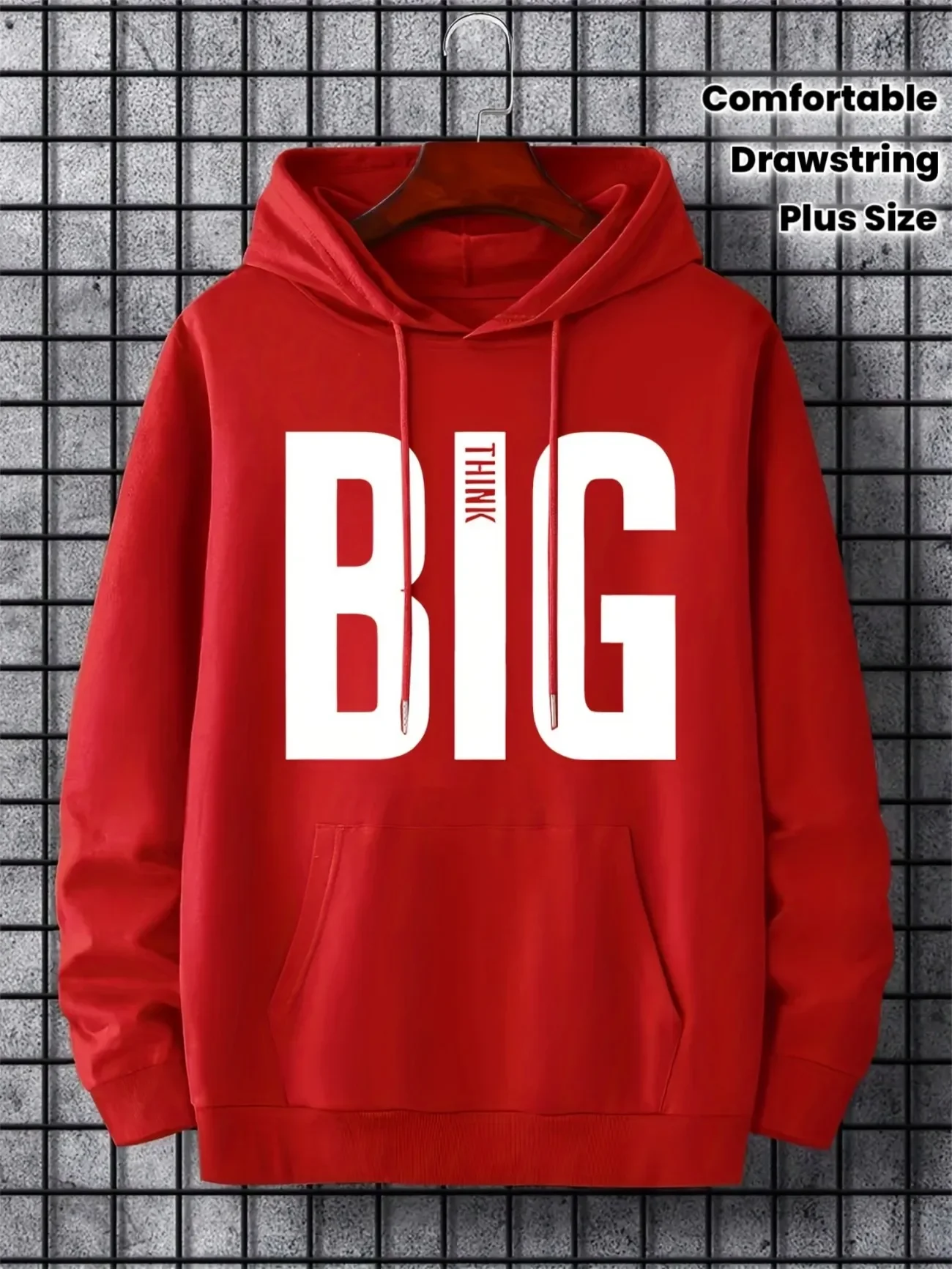 Men BIG THINK Letter Graphic Hoodie Bold Text Front Print Hooded Sweatshirt Autumn Winter Fleece Loose Unisex Hoodie