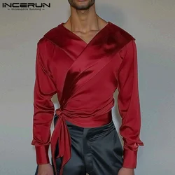 2024 Solid Long Sleeve Tops INCERUN Men Causal Sexy Simple Shirts V-neck Frenum Elegant Tees American Fashion Streetwear Male