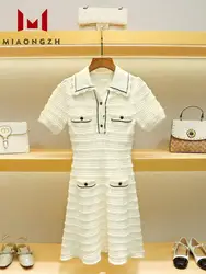 Women's Knitted Dress White Striped Slimming Turn Down Collar Short Sleeve Single Breasted Metal Buttons Elegant Party Dresses