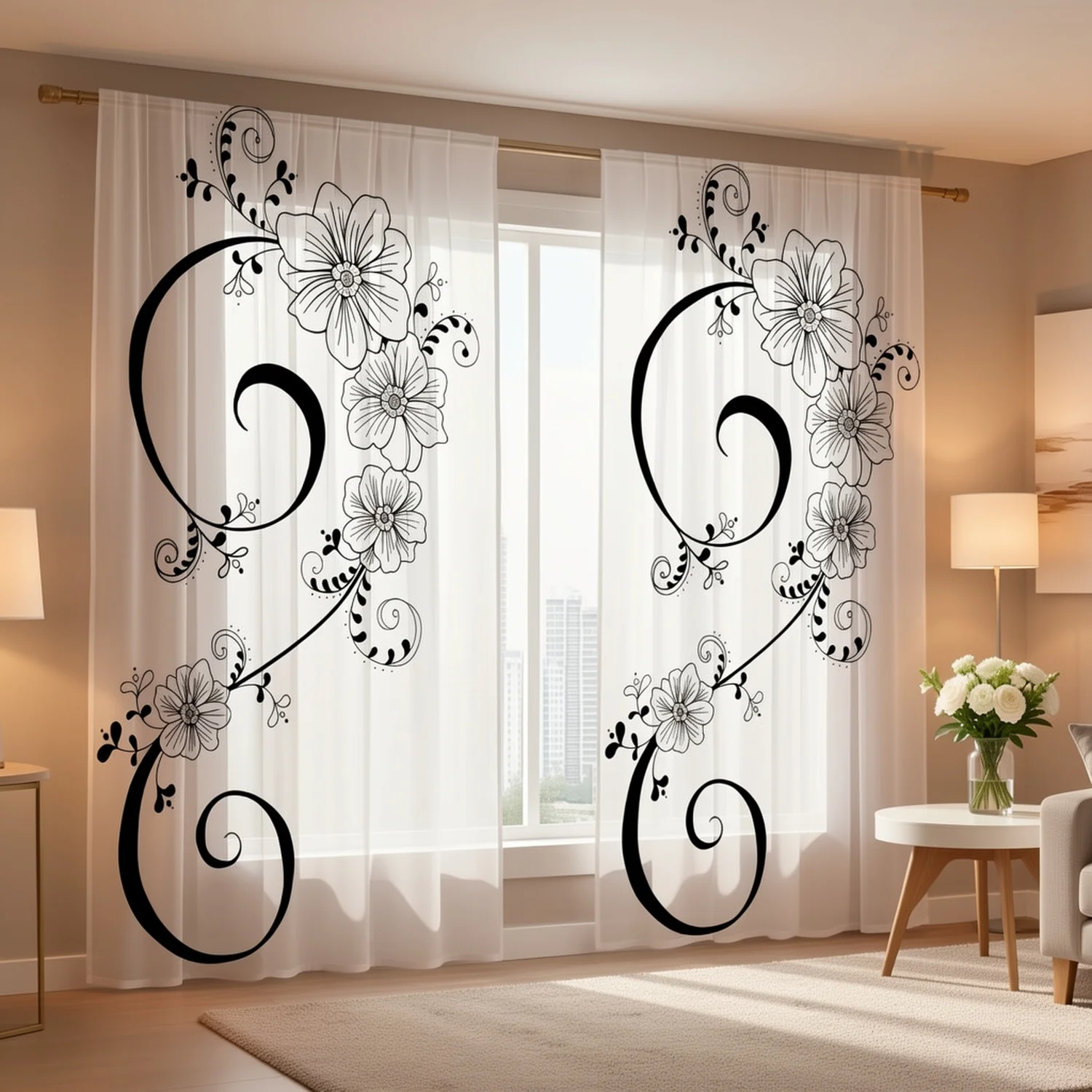 2PCS Digital Printed Sheer Curtains, Black Scroll Flower Pattern, Minimalist Modern Style for Living Room Sheer Window Decor