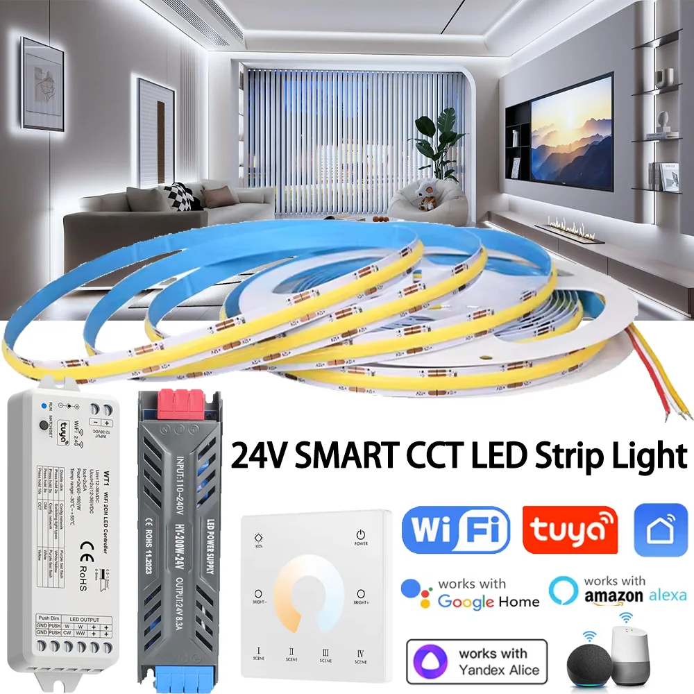 20M DC24V CCT Tuya Wifi COB LED Strip 608LED/m 2700K-6500K Regolazione della temperatura del colore dimmerabile APP/Telecomando touch 2.4G