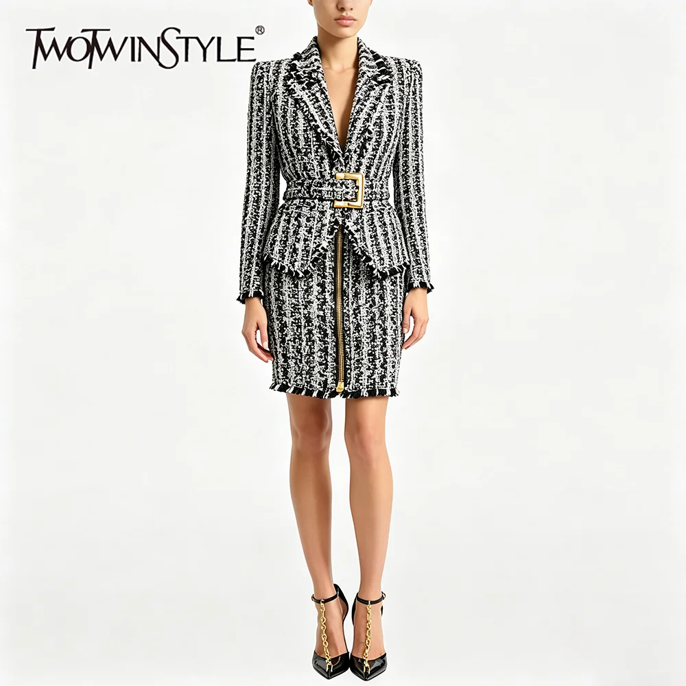 TWOTWINSTYLE Fashion Tweed Two Piece Set for Women Lapel Fringe Trim Belted Blazer High Waist Mini Skirt for Office Party Wear