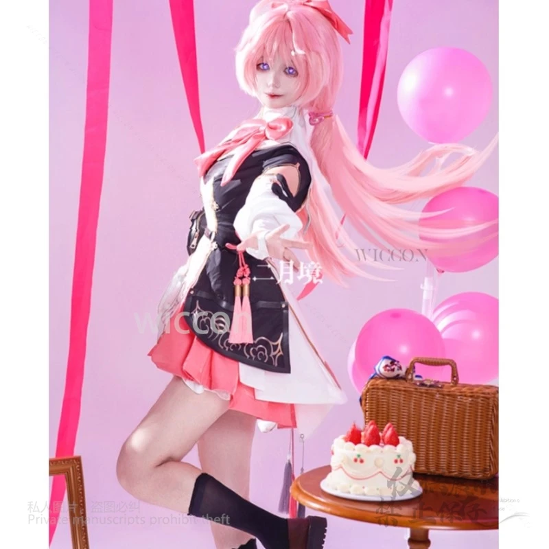 เกม Wuthering Waves Encore คอสเพลย์เครื่องแต่งกายชุดต่างหูเต็ม Kawaii ชุดวิกผมสีชมพูผู้หญิงปาร์ตี้ฮาโลวีน