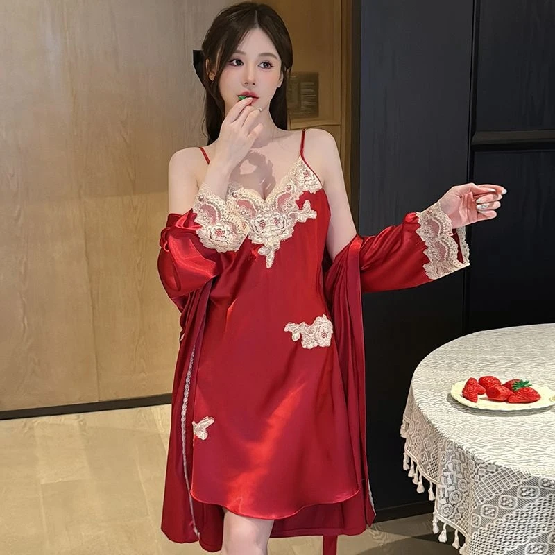 

Women'S Autumn Silk High-End Desire Style Nightgown Set With Lace Sleepwear