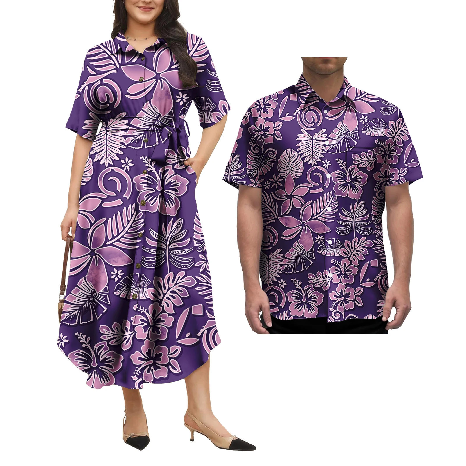 Tapa Polynesian Tribal puletasi Beach Dress Matching Men Hawaiian Shirts Traditional Clothing Long Dress Couple Clothes 2pcs