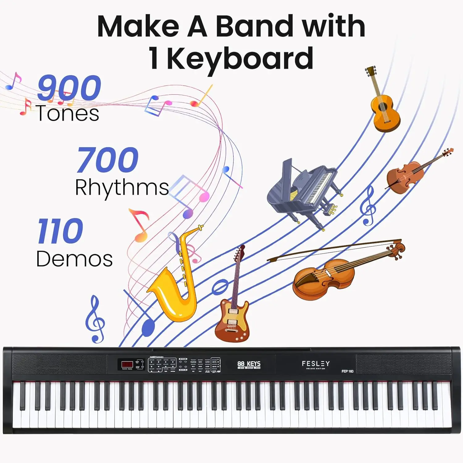 Piano Keyboard 88 Keys: Bluetooth Full-Size Digital Piano Keyboard, 900 Tones Portable Electric Keyboard Piano, 88 Key Ke