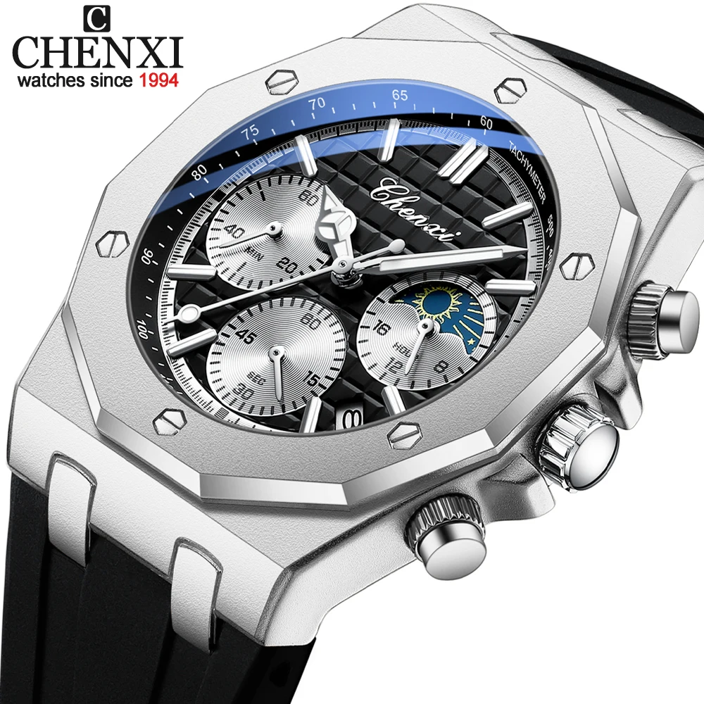 

CHENXI Men's Watches Luxury Sport Quartz Watch For Men Waterproof With Luminous Hands Chronograph Silicone Strap Wristwatch