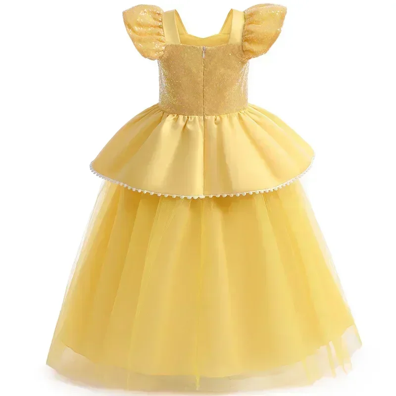 2024 Belle Princess Dress Girls Cosplay Costume Children Halloween Birthday Party Clothes Beauty and The Beast Sequin Prom Gown