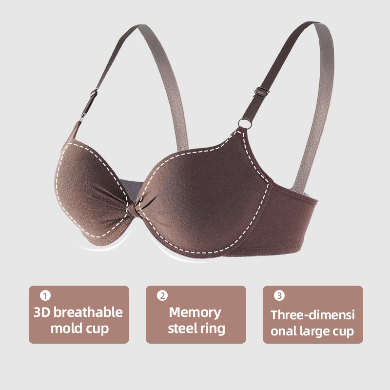 Sexy Women Cotton Gathered Bra Deep V Underwire Ladied Brassiere Push Up Lingerie Solid Bras Backless Intimate Underwear