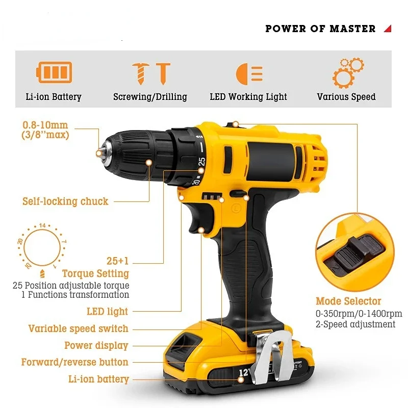 12V 16.8V 21V Cordless Electric Drill Hand Charging Drill Wireless Electric Screwdriver Home Impact Drill Lithium Power Tools