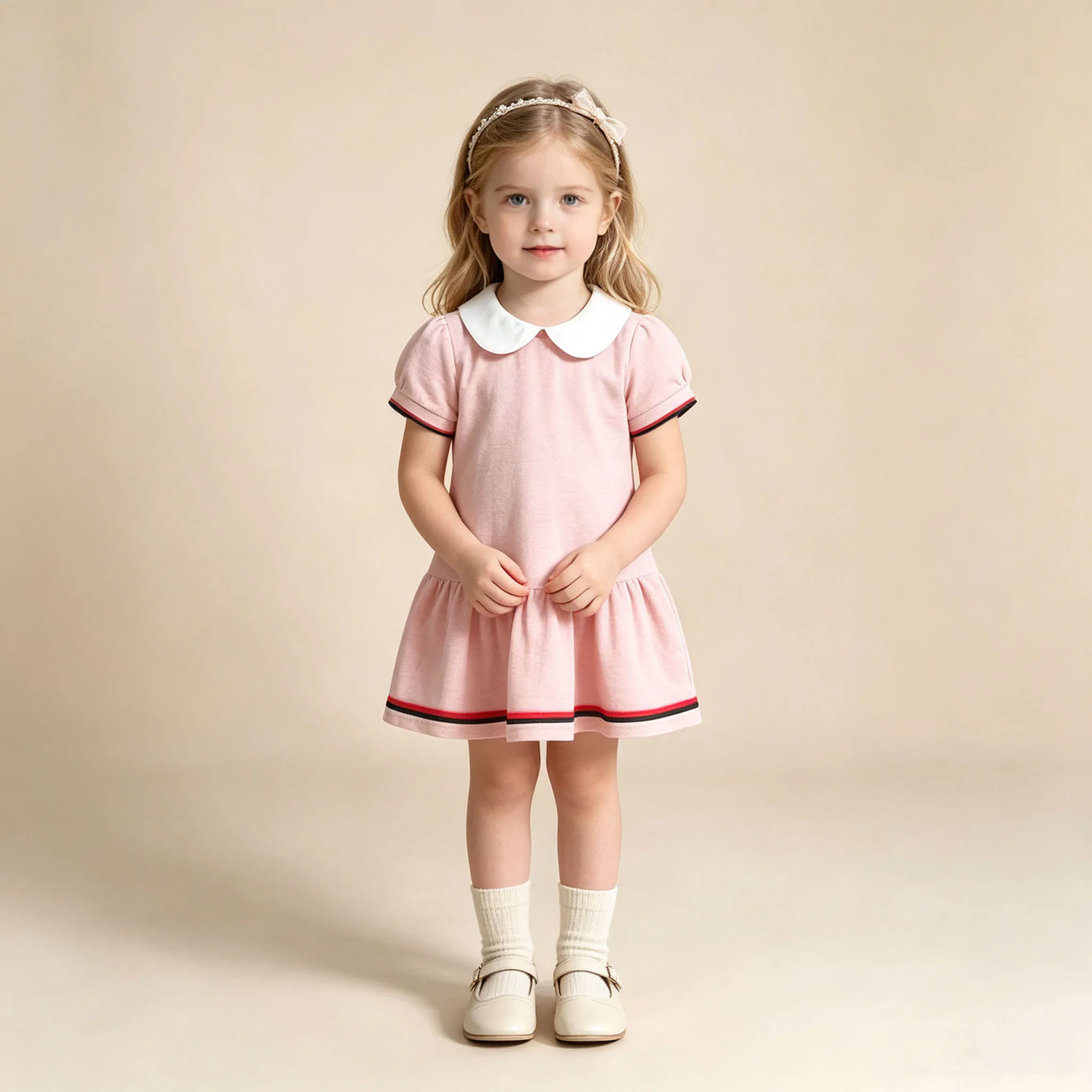 Baby Toddler Girls Peter Pan Collar Dress, Puff Short Sleeve Striped Trim Ruffle Hem A-Line Casual Summer Outfit Dress