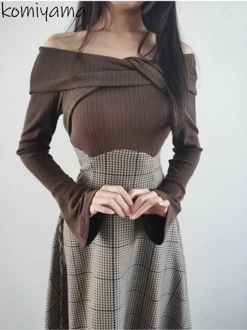 

Осеннее искусственное женское платье из двух предметов 2025 Vestido, японское платье с открытыми плечами, клетчатые платья, платье с длинными рукавами, одежда с высокой талией
