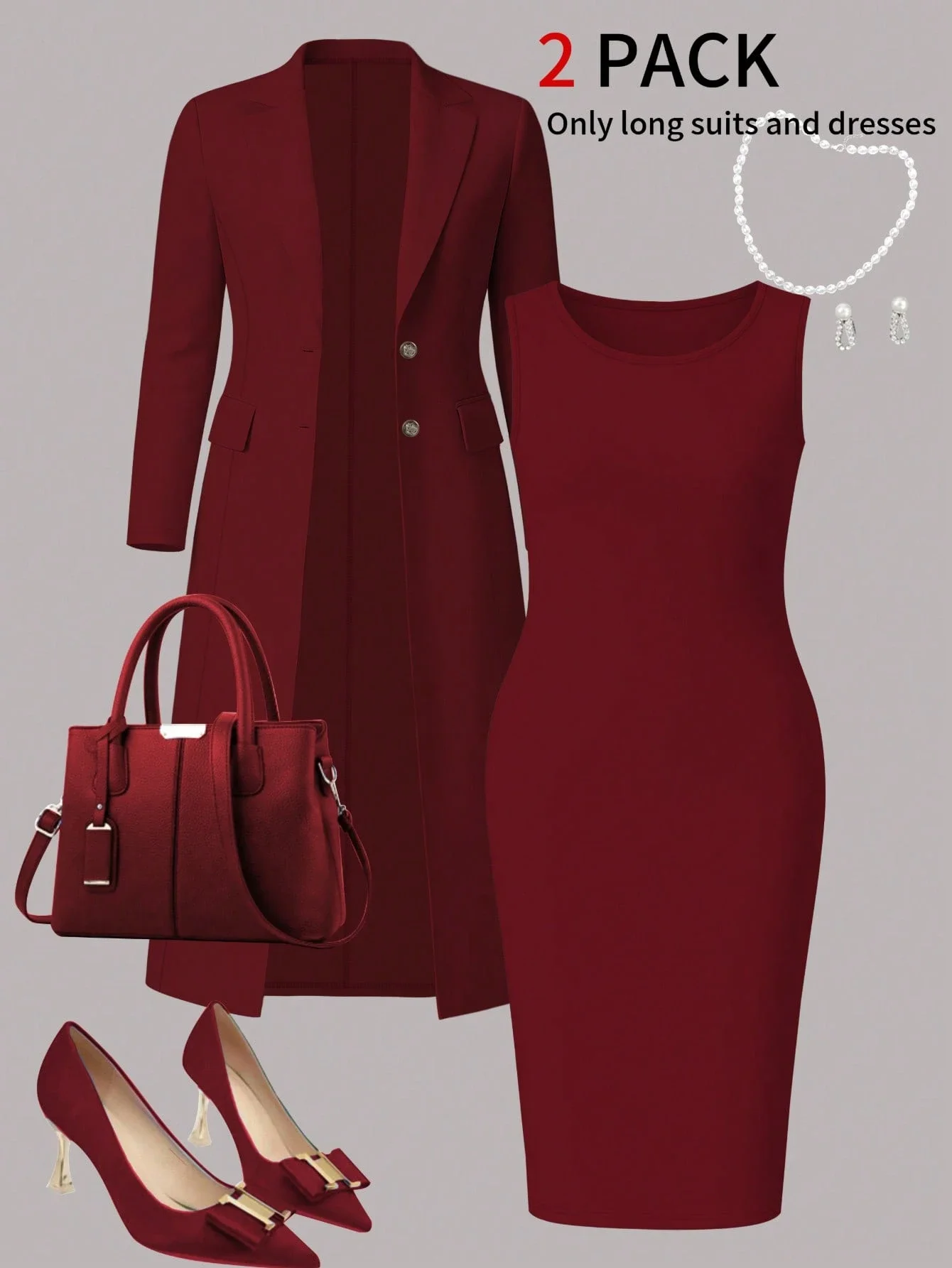 

Women's Elegant 2-Piece Set Solid Color Long Sleeve Blazer Jacket And Sleeveless Midi Dress