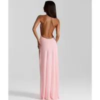 Women Deep V Neck Halter Maxi Dress Backless Ruched High Split Cocktail Party Formal Prom Gown Wedding Guest Dress - Image 2