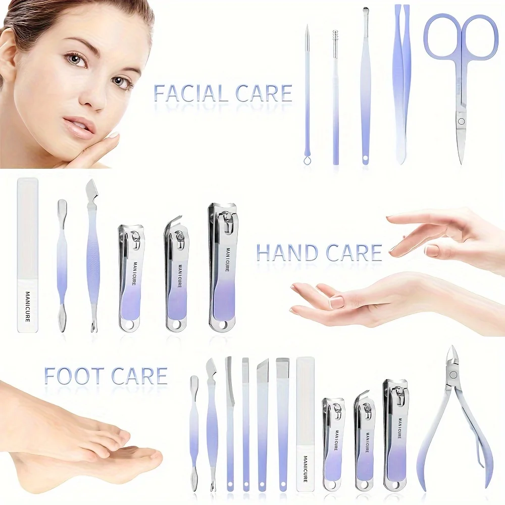 16 unids/set juego de manicura Kit de funciones completas cortaúñas juegos de pedicura de acero inoxidable con estuche portátil de cuero Idea de regalo