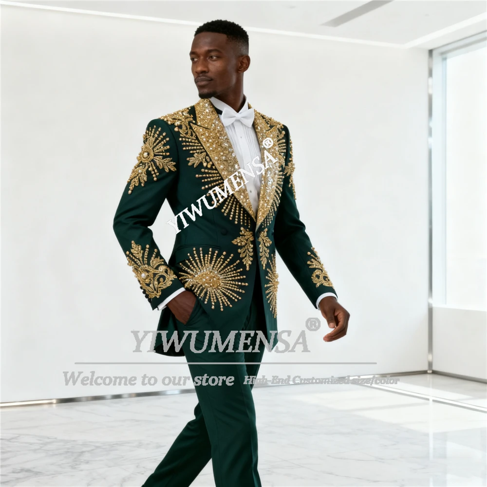 

Unique Design Suit Attire For Men Sparkly Sequins Pearls Label Groom Blazer Ternos Completo Customized 2 Piece Man Party Tuxedos