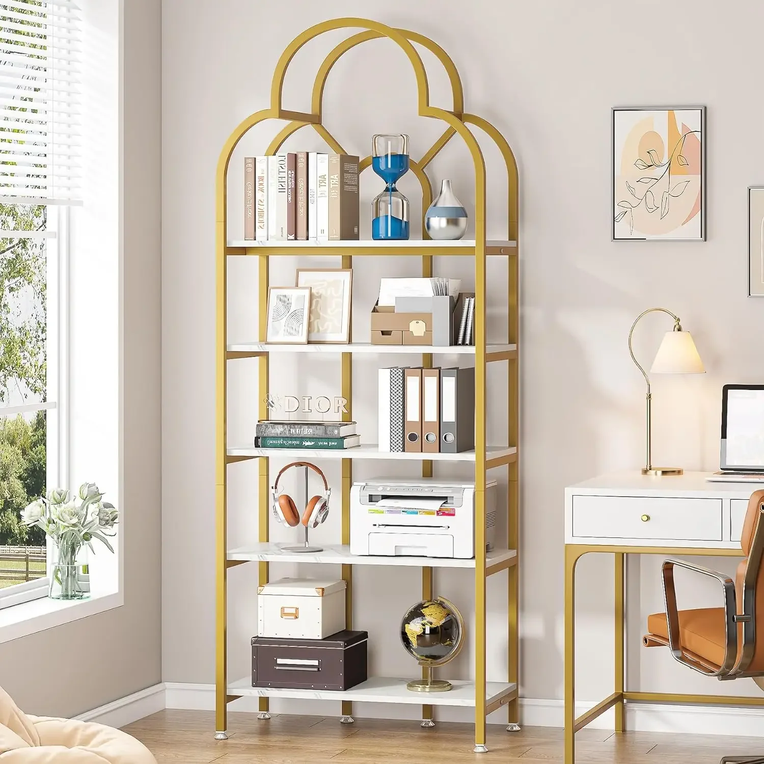 5-Tier Gold Bookshelf Bookcase, Modern Bookcase w/ Open Storage Shelves, Tall Display Shelf Plant Flower Stand Rack for Bedroom