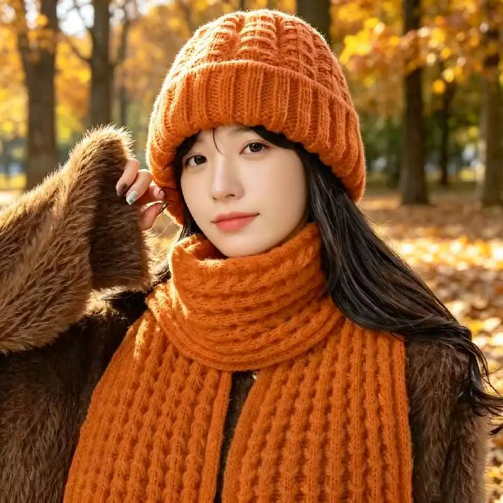 Women Winter Knitted Hat Scarf Integrated Warm Thickened Beanies Fashion Korean Style Soft Windproof Ear Protection Headgear