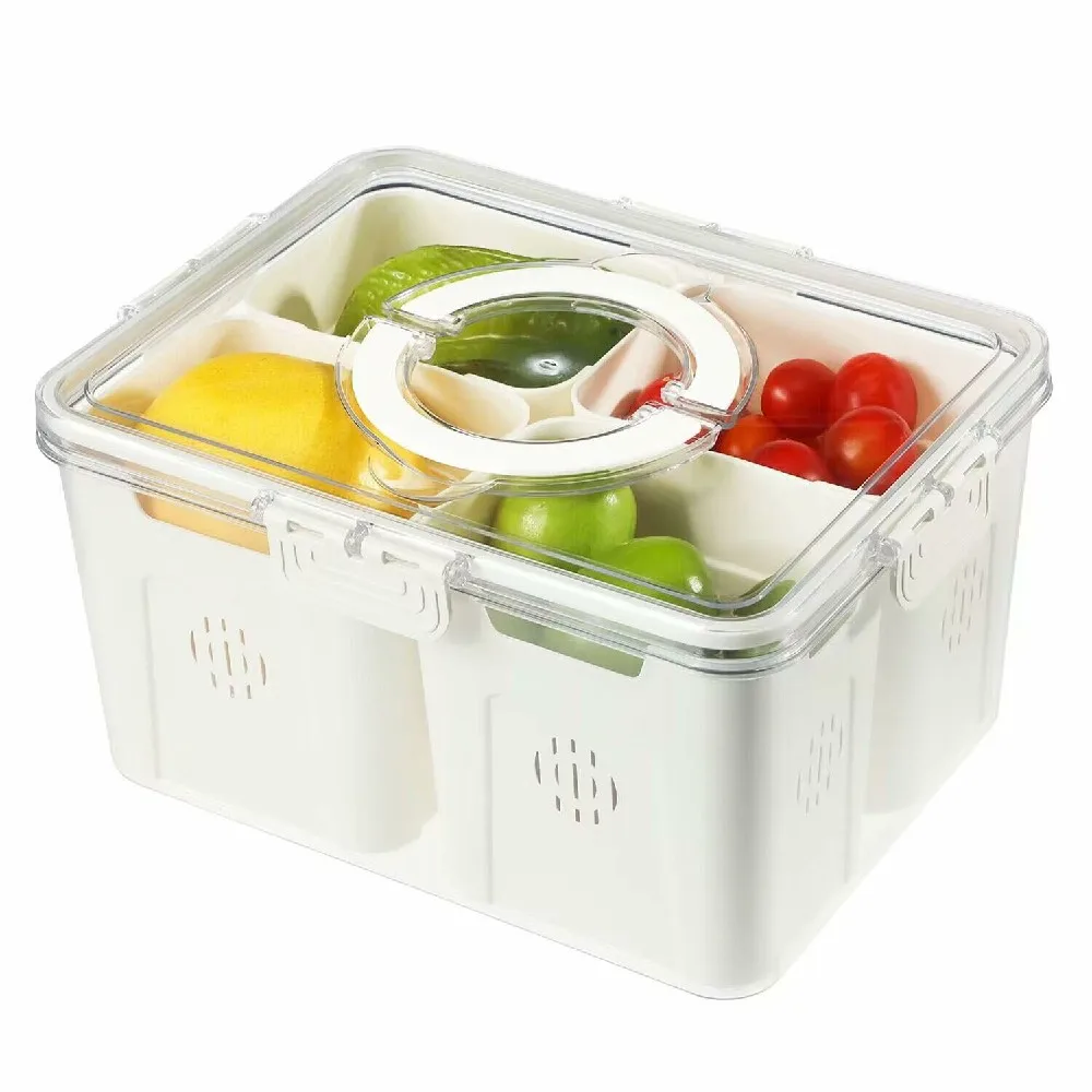 Divided Serving Tray with Lid and Handle, 4 Compartments Fruit Storage Containers, Food Storage Containers for Fruit, Vegetable