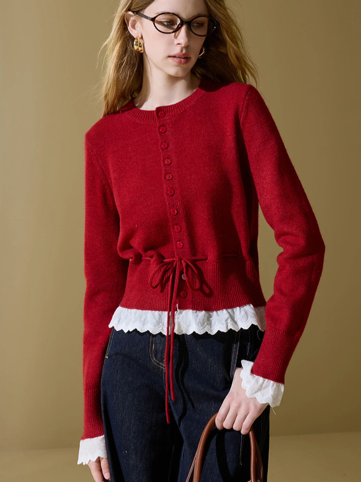 Ele Long Sve Strickjacke Pullover Oberbekleidung rund Ne Spitze Patchwork Abnehmen Trendy Herbst Faion Poem Art Lin