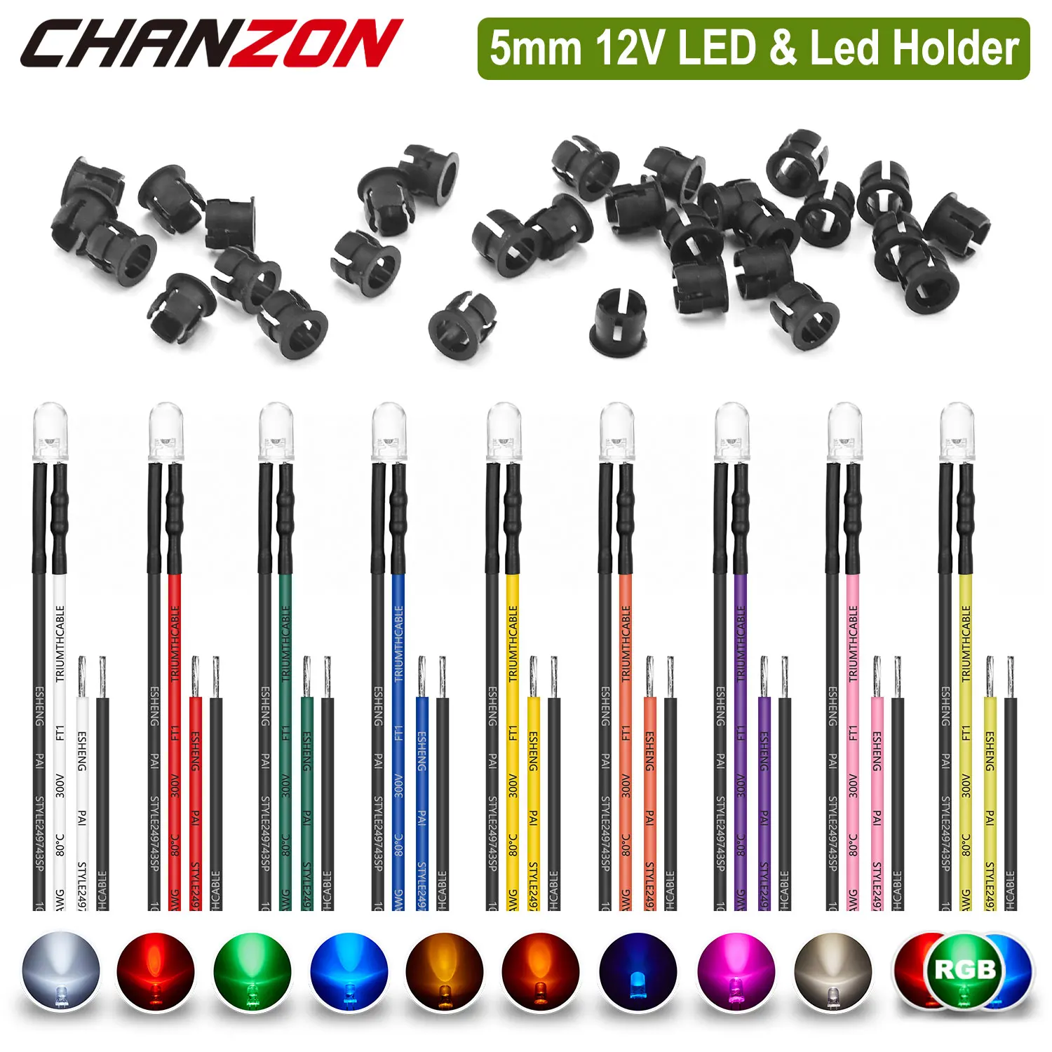 DC 12V 5mm Transparent Prewired LED Holder Socket Light Emitting Diode Warm White Red Green Blue Yellow Orange UV Pink RGB Flash