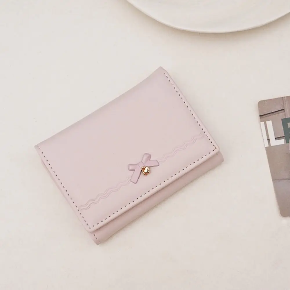 

New Bowknot Short Wallet PU Leather Large Capacity ID Card Holder Solid Color Mini Coin Purse for Women
