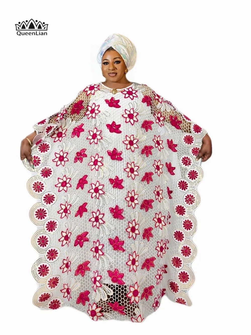 Plus Size African Women\'s Dress: Elegant Sequin Flower Pattern Dress, Bat Sleeves and Round Neck, Perfect for Wedding Parties