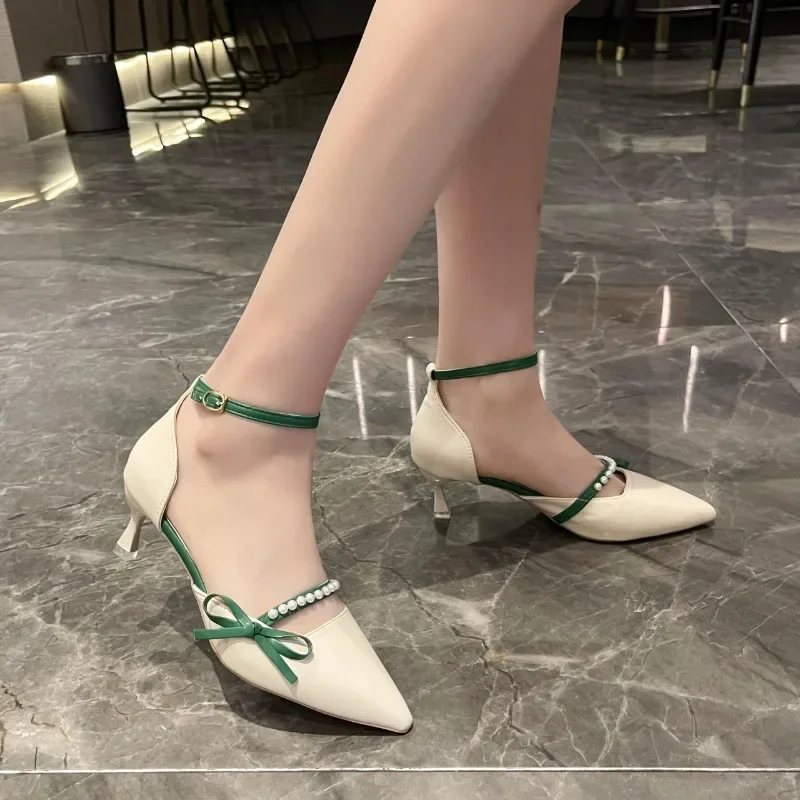 

Pointed Toe Shallow Mouth High Heels Women Summer Baotou Bow Beaded Versatile One Buckle Non-slip Stiletto Sandals